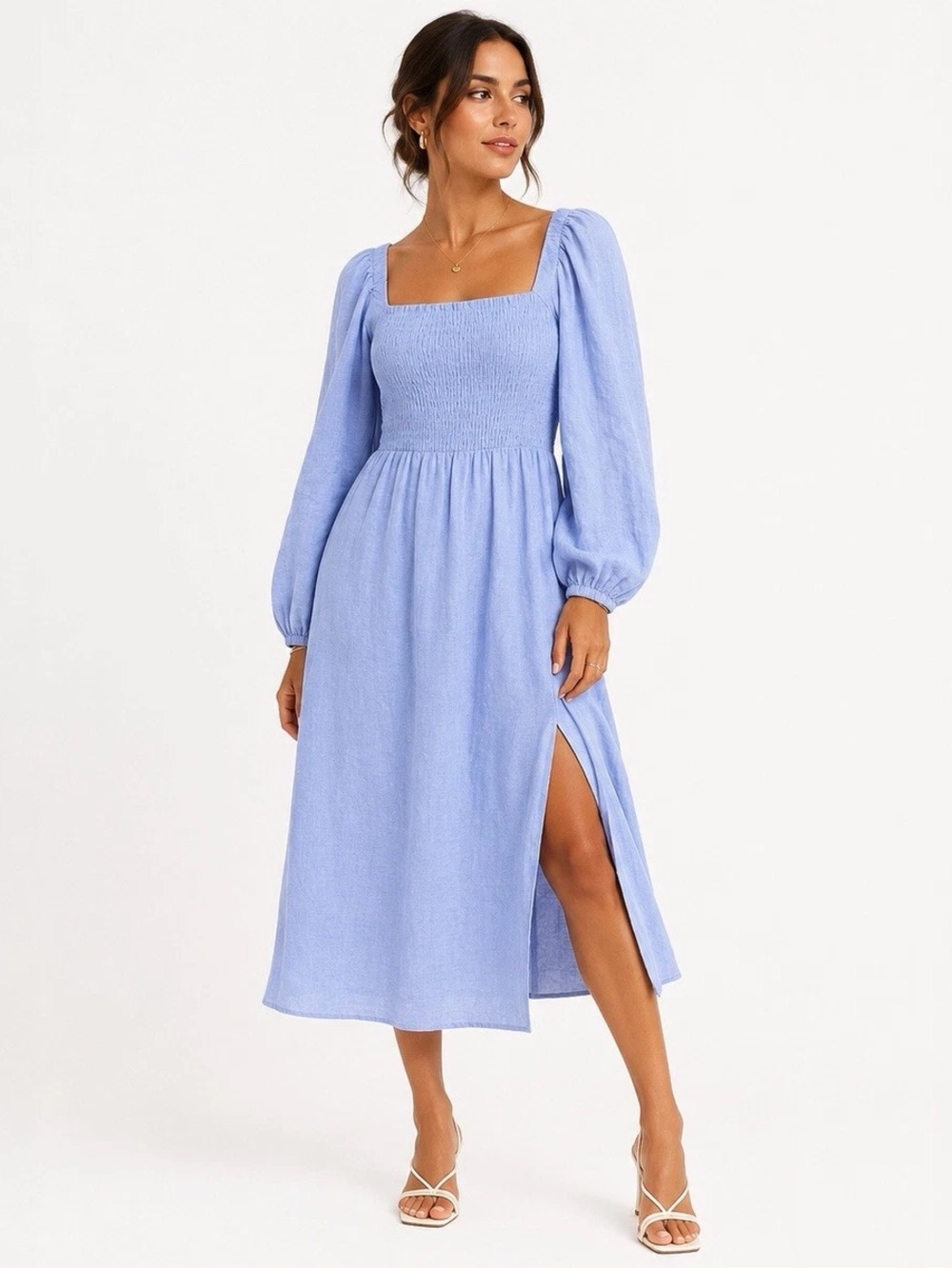 J.Crew 100% Linen Smocked Puff Sleeve Midi Dress Blue M
